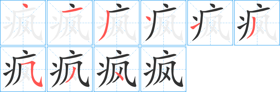 疯字的笔顺分布演示