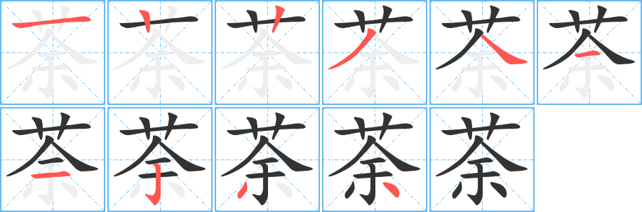 荼字的笔顺分布演示