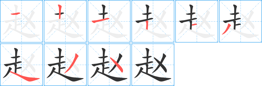 赵字的笔顺分布演示