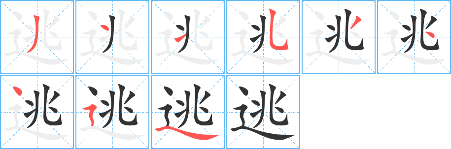 逃字的笔顺分布演示