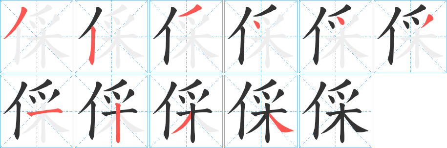 倸字的笔顺分布演示