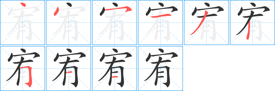 宥字的笔顺分布演示