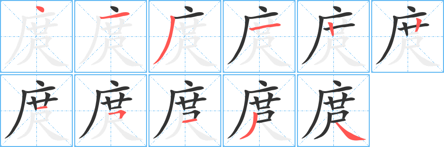 庹字的笔顺分布演示