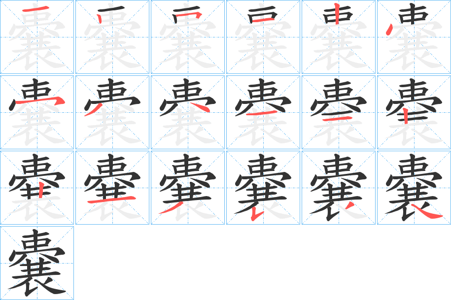 嚢字的笔顺分布演示